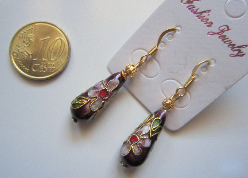 Pendientes lágrima cloisonné 43 mmm y filigrana morado baño dorado bisutería 154