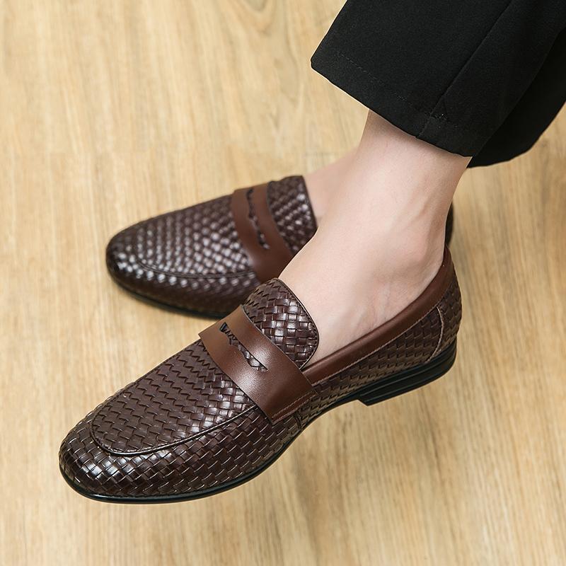 Loafers Men's Woven Weave Leather Party Slip On Dress Shoes Retro Vintage Oxford-image