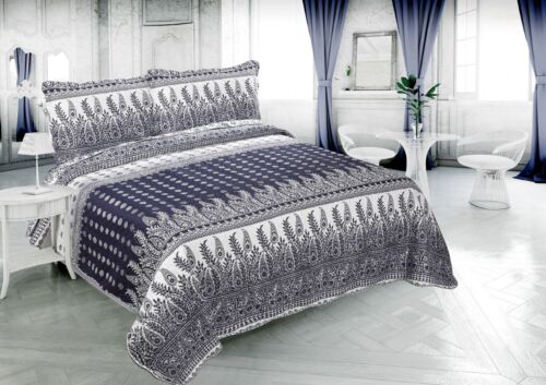 Embossed Pinsonic Printed Bedspread Quilt Set, Navy Blue Branches Paisley Queen - Picture 1 of 7