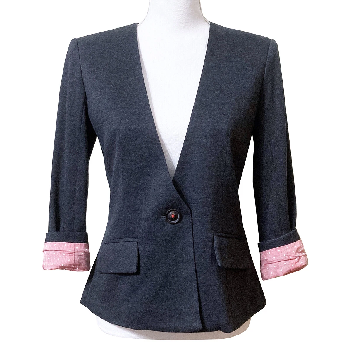 Anthropologie Cartonnier Charcoal Blazer Jacket S Pink Polka Dot