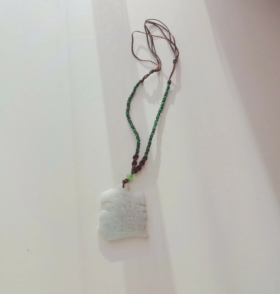 Chinese Natural Translucent Icy White Green Jade Good Luck Pendant Rope Necklace - Image 3 of 4
