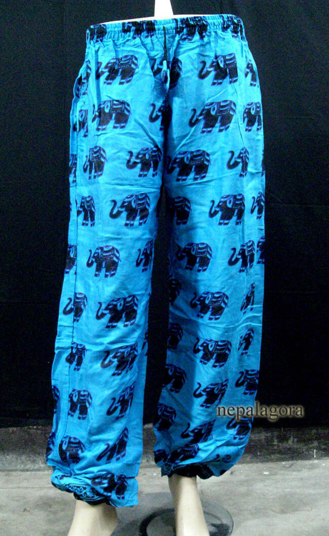 TR446L Cotton Elephant Print Hippie Harem Pants Elastic Waist Blue Summer