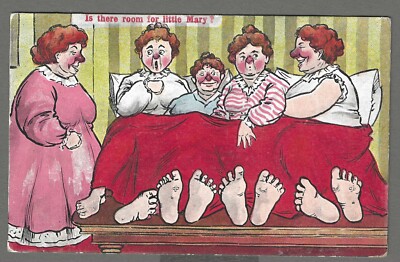Vintage Comic Postkarte ''Gibt es Platz für die kleine Maria?'' Vier Damen im Bett!