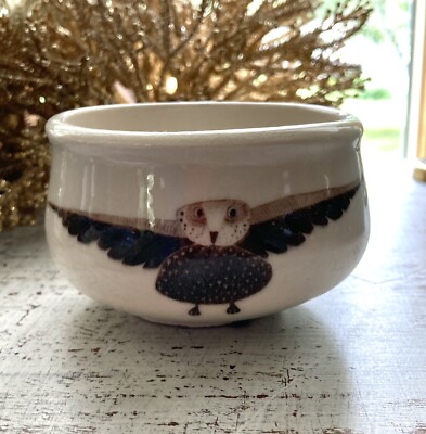Hand Thrown Studio Art Pottery Bowl Flying Owl Bird Painted Signed  Sisters 
