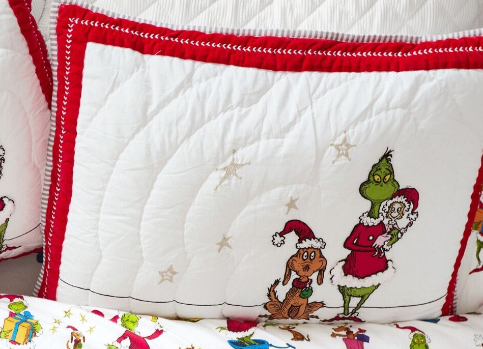 Pottery Barn Kids Teen GRINCH Twin Embroidered Quilt & Sham SET Dr. Seuss EUC