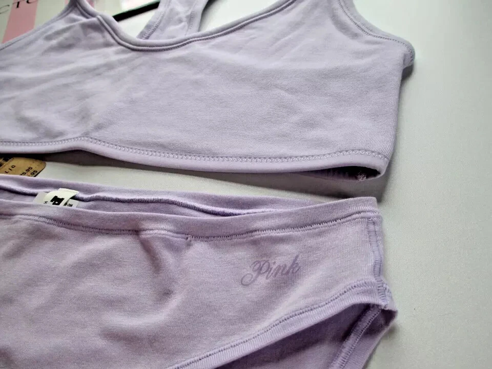 VICTORIA'S SECRET PINK Cotton Bralette Bra and Bikini Panty Set L XL Purple VS - Image 3 of 4