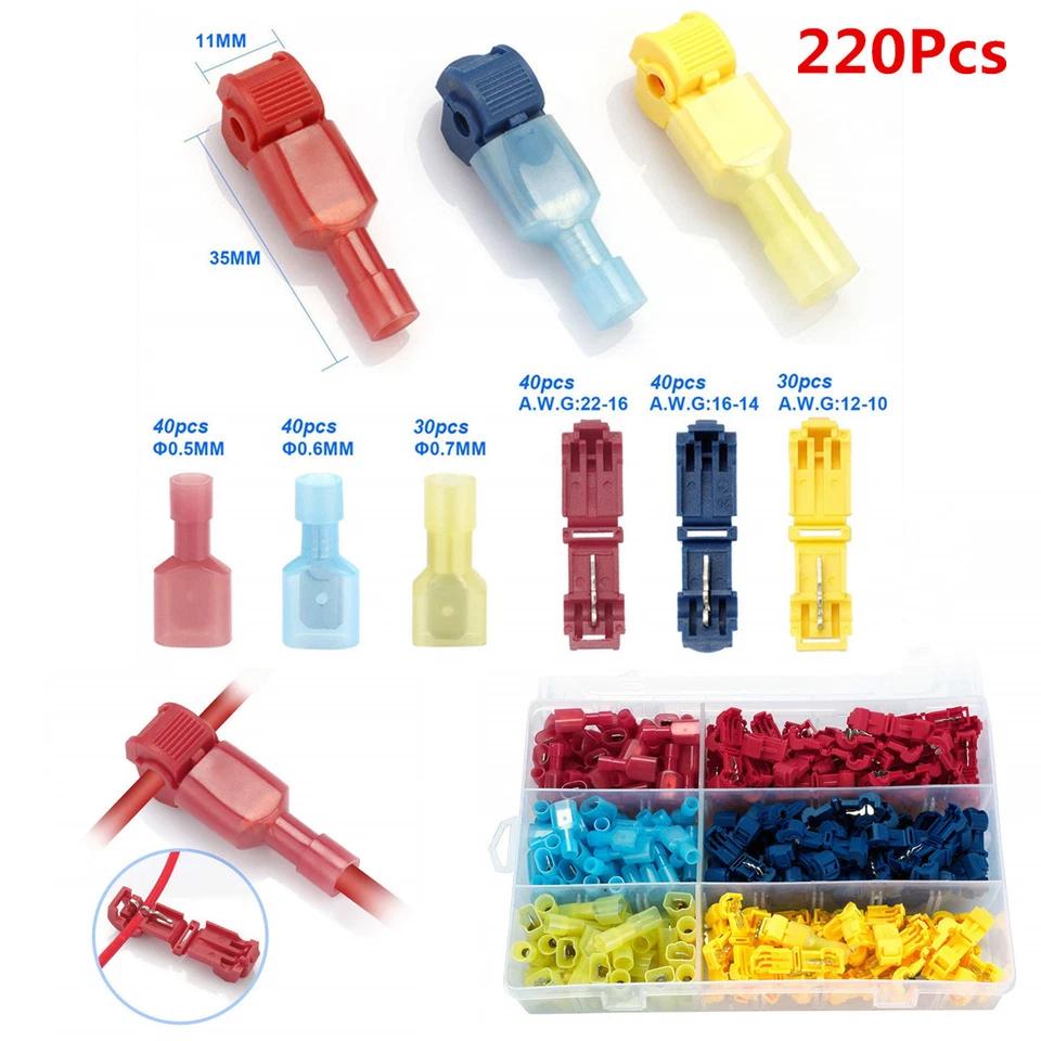 220pc Insulated Quick Splice Wire Terminals T-Tap Kit Male Spade Wire Connectors - Image 2 of 4
