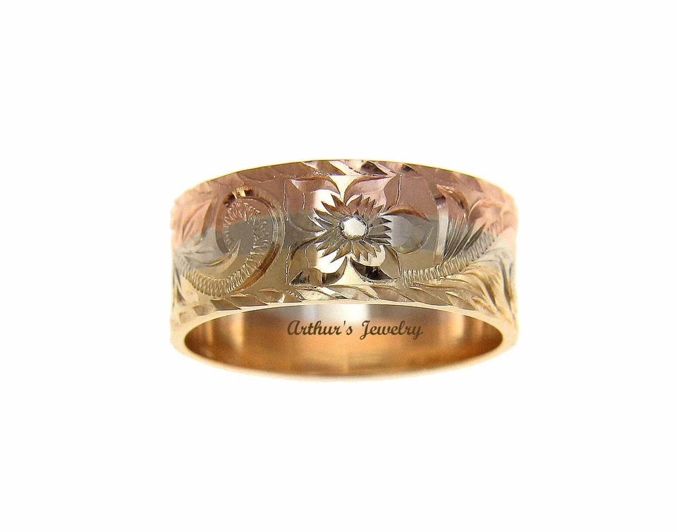 14K YELLOW WHITE ROSE TRICOLOR GOLD ENGRAVED HAWAIIAN PLUMERIA SCROLL 8MM RING - Image 3 of 4