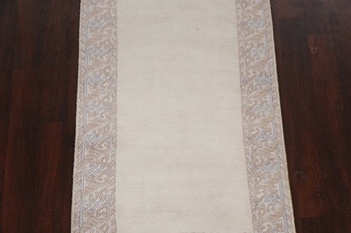 Soft Plush Ivory Modern Nepalese Bordered Indian 3'x5' Rug Handmade Wool Carpet - Picture 3 of 12