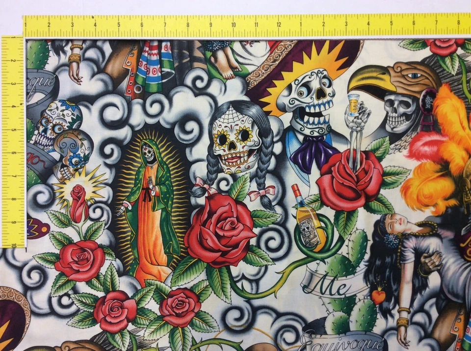 AH133 Contigo Day of the Dead Mexico Guadalupe Skull Aztec Cotton Quilt Fabric - Image 3 of 3