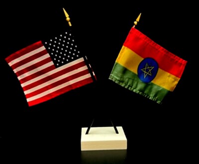 1 American & 1 Country Mini Rayon 4''x6'' Desk Flag Set with Crossed 2-Hole Base
