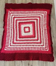Handmade Crochet Granny Square Blanket 40x35 Red Pink Afghan Throw Lap Quilt VTG