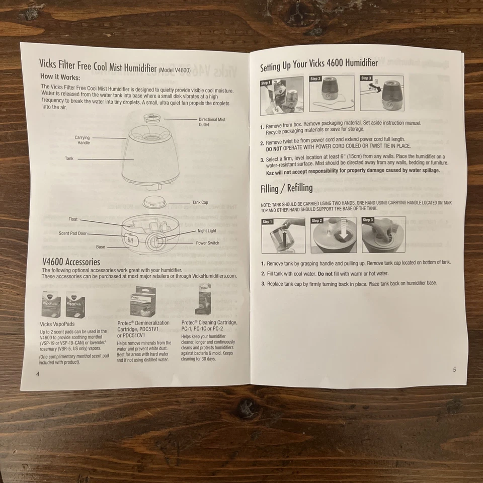 Manual for Vicks Humidifier Model V4600 Cool Mist Filter Free & VapoPads Refill - Image 3 of 4