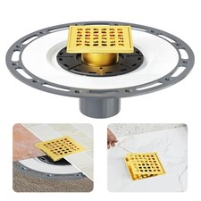 Square Shower Drain, 4 in Golden 304 Stainless Steel Floor Drain with PVC Bon...