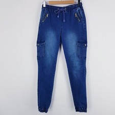 Pantalones de mezclilla Wakee para mujer talla 10 azul Demin elásticos bolsillos cargo acanalados