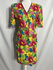 Vtg Rickie Freeman Teri Jon Linen, Silk Skirt Suit Set Sz 6 Floral Short Sleeve
