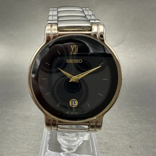 Seiko Watch Men 35mm Black Dial Silver Tone Date Round 7N29-6E70 new Battery