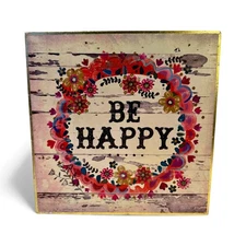 Vintage Wooden Shelf Sitter Shabby Chic Cottage Colorful Floral Sign "Be Happy"
