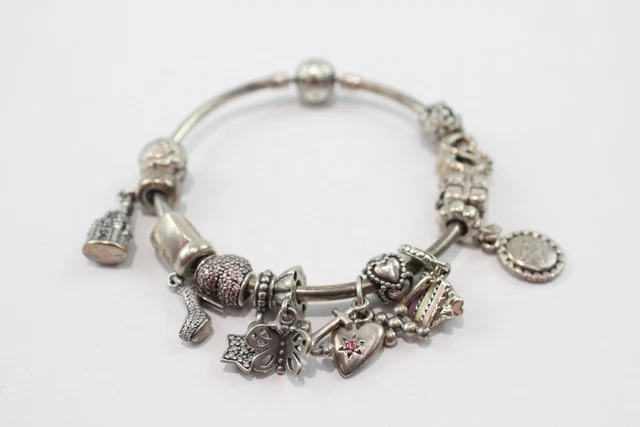 13 Pandora Sterling Silver Charm Bracelet w/ Charms Enamel Disney Flower (53g)