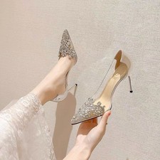 Women's Rhinestone Pointy Toe Clear Pumps Shoes Stiletto High Heel Slip on New