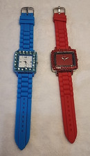 Lot of 2 Geneva Bling Square Face Watches Blue & Red Silicone Bands New Battery