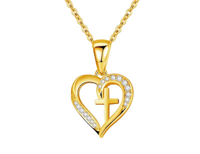 HEART CROSS CHRISTIAN LOVE FAITH CZ pendant on 18K Gold plate