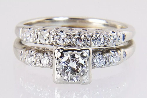 Wedding Bridal Ring Set Art Deco Round Lab Created Diamond 14K White Gold Filled