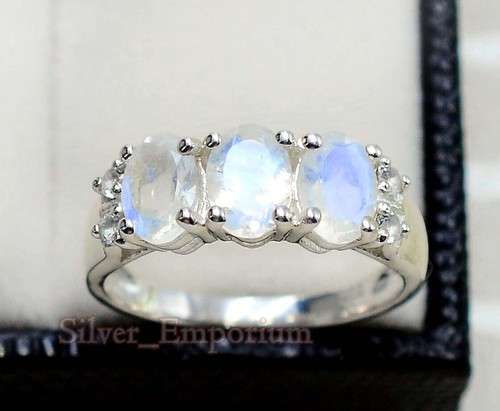 Anillo de tres piedras preciosas arco iris natural de plata esterlina 925 7x5 mm - Imagen 4 de 6