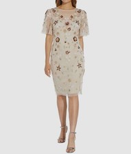 Adrianna Papell Women's Beige Beaded Floral Boatneck Short Sleeve Dress Size 6