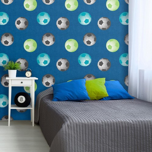Football Wallpaper Blue 165571 Kids Teen Bedroom Feature Wall Textured Muriva