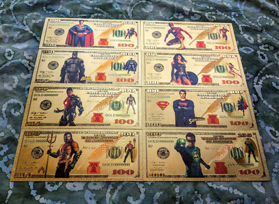 Rare *COMPLETE* 8 piece 24k Gold Foil Plated DC Heroes Banknote Set  Superman