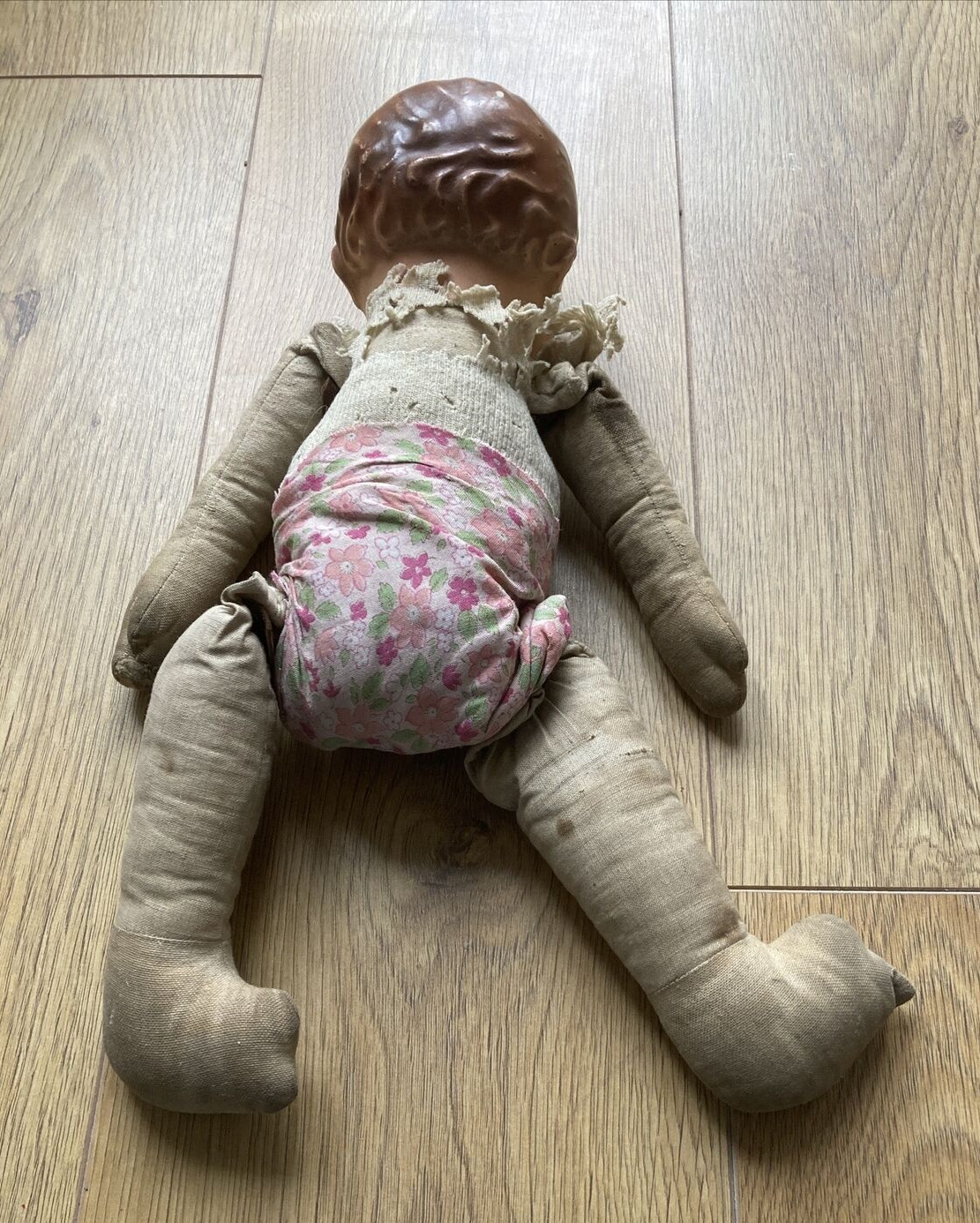 VINTAGE DOLL 1930s  with Dog Print Rompers & Floral Nappy 12