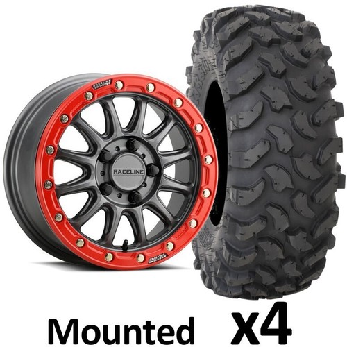 32" System3 XTR370 Tires 15" Alpha Gunmetal Red Wheels Polaris RZR Pro R (5 Lug)