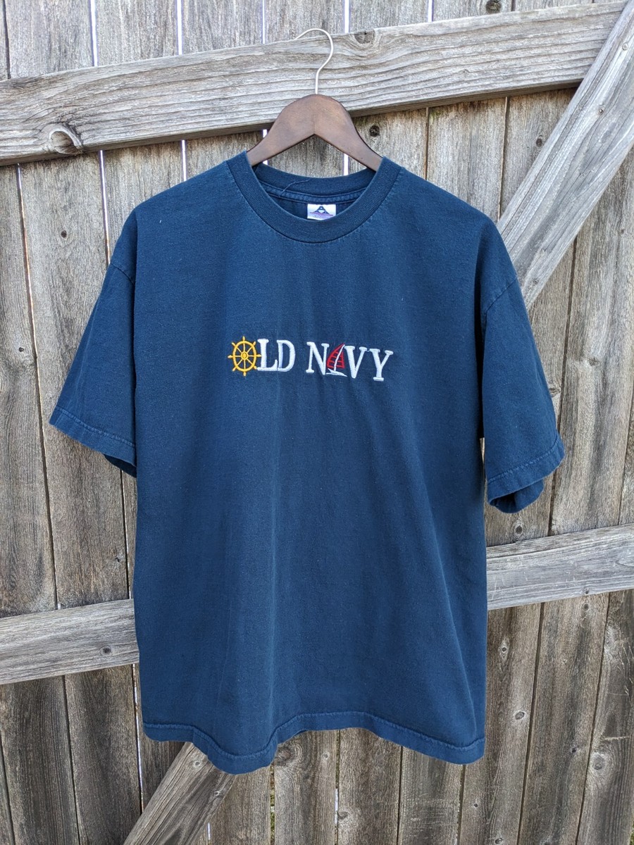 Vintage 90s All-Embroidered Old Navy Blue Sailing Boat T Shirt