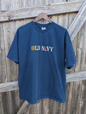 Vintage 90s All-Embroidered Old Navy Blue Sailing Boat T Shirt