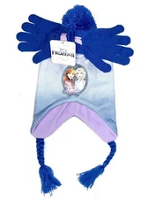 Disney Frozen 2 Girls Beanie Pom Peruvian Hat & Gloves Set Blue/Lavender NWT
