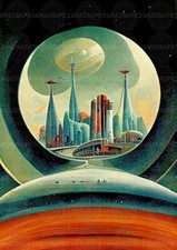 Listing image for Retro Futuristic Sci-Fi Art Print, Alien Architecture Space Poster Abstract A14