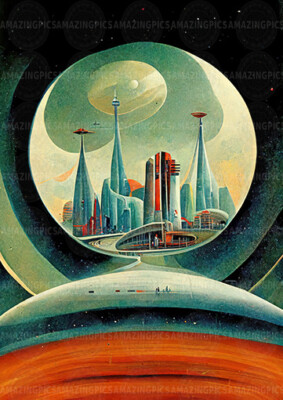 Retro Futuristischer Sci-Fi Kunstdruck, Alien Architektur Weltraum Poster Abstrakt A14