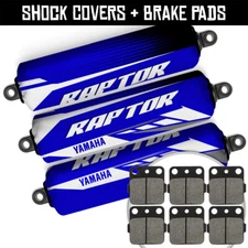 Front+Rear Blue Shock Covers+Brake Pads for Yamaha Raptor 350[04-13] 660[01-05]