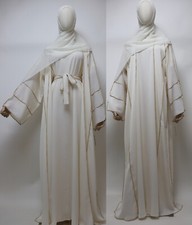 3 Piece Set Open Kimono Abaya with Inner Dress Muslim Maxi Dress Ivory
