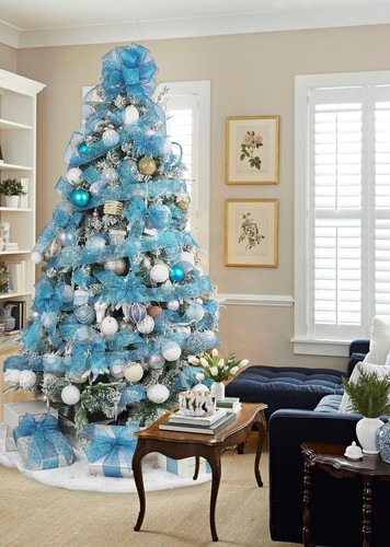 Blue Christmas Ribbon Wired 2.5"x25 Yards Glitter Mesh for Wreaths Decor - Picture 6 of 7