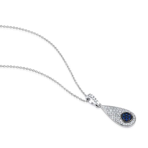 Designer 14K Gold 0.3ct Natural Diamond w/ Simulated Sapphire Teardrop Necklace - Picture 1 of 7