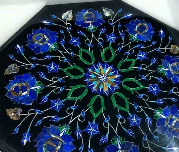 15" Black Marble side end Table Top Inlay lapis floral Handmade Art Work - Image 2 of 4