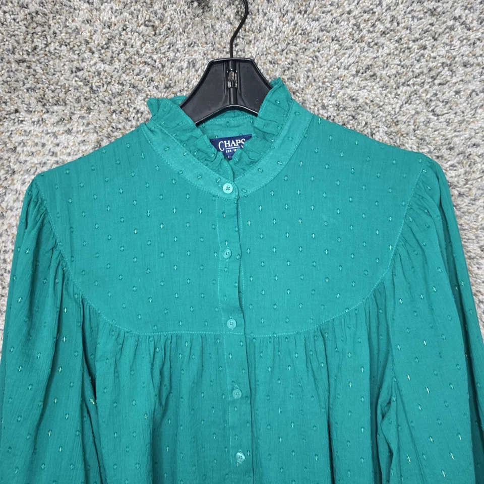 Blusa Campesina Chaps Top Mujer XL Verde Abotonada Volantes Transparente Informal Damas Foto 4 de 4