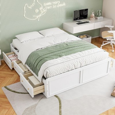 Modern Wooden Queen Size Platform Bed Frame w/ 6 Storage Drawers for Small Space