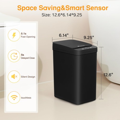 Black Bathroom Trash Can 2.6 Gallon Motion Sensor Trash Cans Automatic Touchl... - Picture 2 of 8