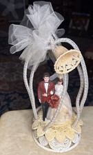 1960 s Vintage Bride And Groom Wedding Cake Topper 11 Satin Lace Flowers