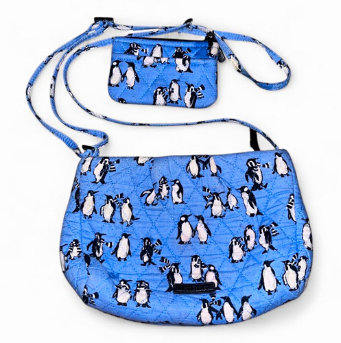 Vera Bradley Blue Penguin Print Crossbody Bag Zip Adjustable Strap w/ Wristlet