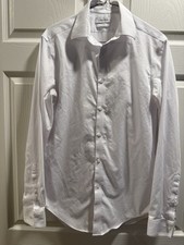 Calvin Klein Steel Slim Fit Herringbone Sz S 32/33 14.5 Button Up Shirt White