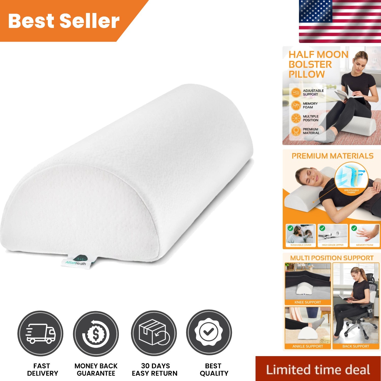 Ergonomic Half-Moon Bolster Pillow, 22.1&rdquo; x 8.7&rdquo; for Hea